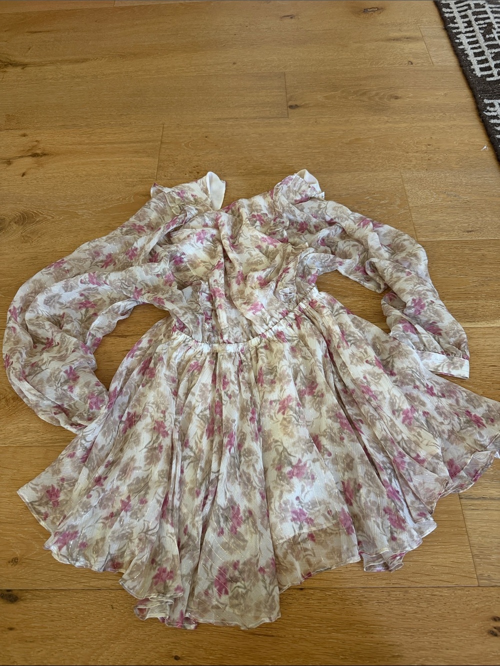 Floral Ruffle Long-Sleeve Skater Dress - Pink & Beige